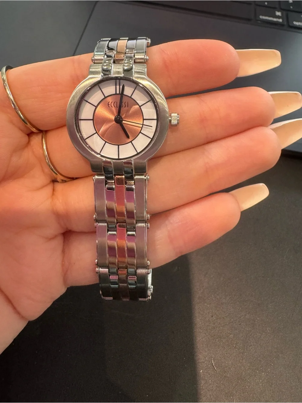 New Ecclissi silver-tone w/rose gold sector dial & 2-tone expansion band